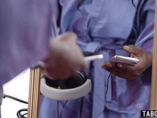 Cheating husband enjoys sexy ebony salon girl milf Ana Foxxx in hardcore bent over doggystyle action.