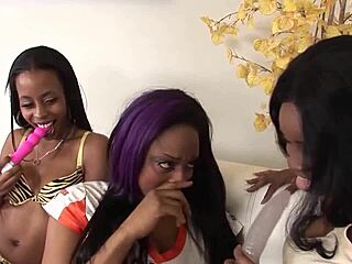 Ebony Girls Ignite Slumber Party into Wild Lesbian Threesome with Toys and Passionate Pussy Licking