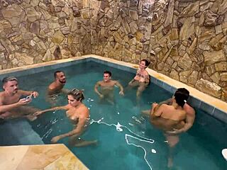 I feel the rush from anal orgy with friends licking wet pussy at motel pool party