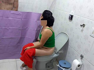 mature latina housewife puts up a curtain in the bathroom just to watch the young man shower