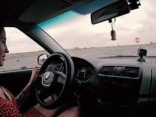 long-haired teen eagerly sucks and rides huge cock outdoors for her driver's license thrill