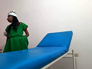 In the massage parlor, dressed as a goblin woman, she rides a dildo while waiting for her boyfriend's arrival.