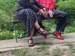 hot milf jerks big dick into glass in park on bench 🍆💦