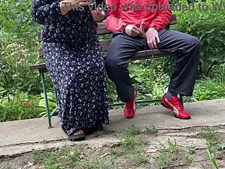 hot milf jerks big dick into glass in park on bench 🍆💦