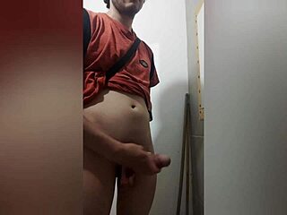 Intriguing solo masturbation with big cock cumming naked in bathroom sink