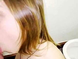 Narrative Slutty woman gives bathroom sloppy blowjob