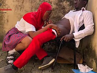 Damn, This Horny Schoolgirl Distracts the Serious Senior and Rides His Massive Black Cock Wildly Outside the Classroom!