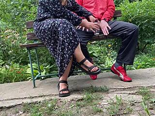 hot milf jerks big dick into glass in park on bench 🍆💦