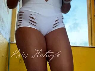 Naughty Brazilian wife flashes cameltoe in short shorts to gym friend outdoors. her big tits and pussy tease in public pov view.