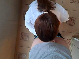 I feel young Russian doctor giving me blowjob at appointment with ponytail and jeans on