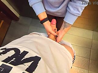 Stranger blasts cum load into milf's wet pantyhose during kinky public toilet encounter