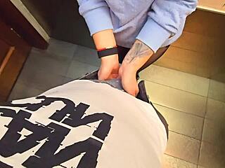 Stranger blasts cum load into milf's wet pantyhose during kinky public toilet encounter