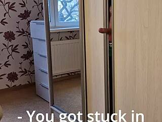stuck in wardrobe hinting at sneaky blowjob from tanned european amateur