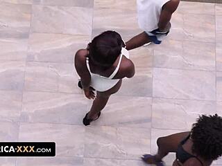 black rider gives handjob and doggystyle to ebony african top model with big tits. bent over action ends in cum on ass.