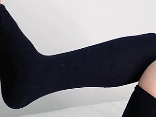 casual story of cute uniform girl giving footjob in navy socks to her kinky friend