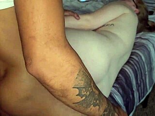 Snow bunny takes on big black cock bareback in bedroom, struggling through rough missionary and side pounding with creampie finish.