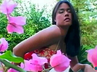 In the garden the curvy brunette strips seductively getting wet for deepthroat doggystyle banging and cum in mouth