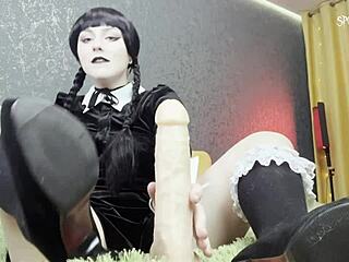 sexy goth wednesday addams in cosplay makes me ache with her teasing footjob and sucking until i explode in orgasm