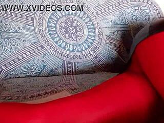 Milf Flaunts Beautiful Legs in Red Pantyhose and Black Heels with Petite Ass Tease