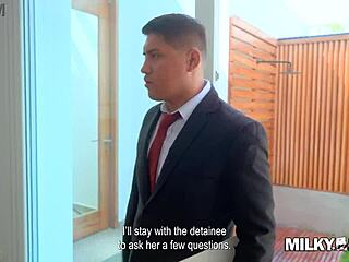 Outdoors a curvy Latina milf rides doggystyle bent over with police in public gaping big ass action