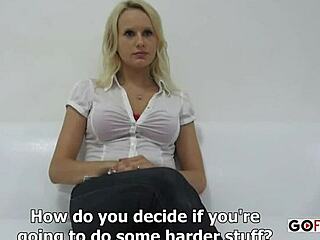 Sexy Blond Woman Sits for Chat and Ends Up Sucking Cock with Blowjob