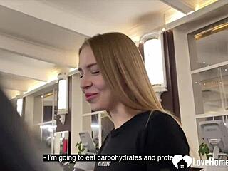 Shaved blonde bends over for doggystyle pounding in public bathroom mirror fun.