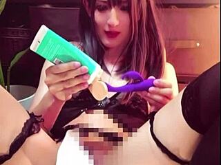 Adorable Japanese Ladyboy In Black Hair Engages In Quiet Solo Anal Play In Public Restroom