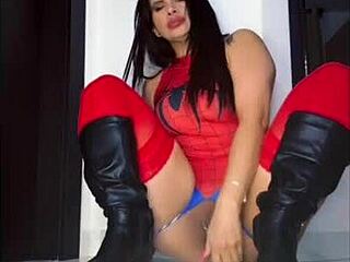 Spider woman cums on big black cock in cosplay interracial action