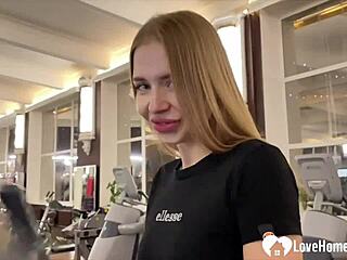 Shaved blonde bends over for doggystyle pounding in public bathroom mirror fun.