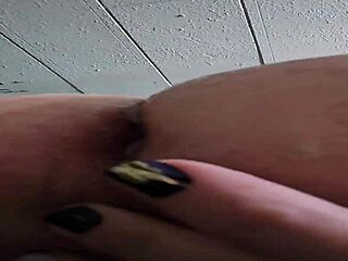 Dominant wife in fishnets forces husband to pound her ass with huge monster cock dildo in amateur anal session.