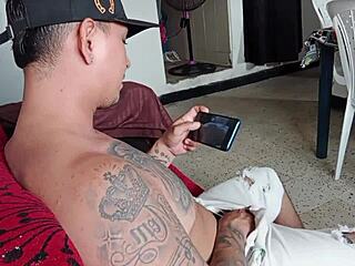 i get home and find my horny roommate jerking his big cock in the living room - part 1