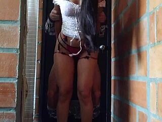 Sexy friend in lingerie enjoys a homemade hallway encounter