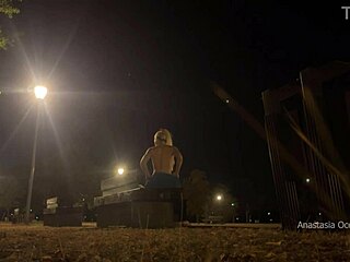 Flashing tits and pussy while changing outfit naked in public park at night!