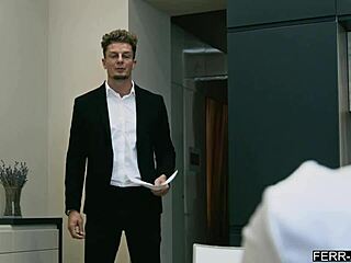 Lesbian Accountant Enjoys First Time Blowjob And Tight Shaved Pussy Sex With Man At Office