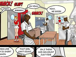 hot and fast restaurant staff dive into an interracial orgy in the kitchen with big black cocks banging horny sluts