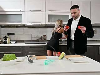 blonde host shalina devine pauses her cookery show to dive into a wild dp threesome with blowjob deepthroat anal double penetration in kitchen.