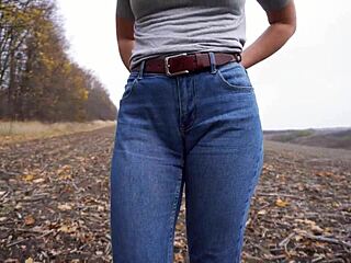 Milf Teasing Big Cameltoe In Tight Blue Jeans Outdoors
