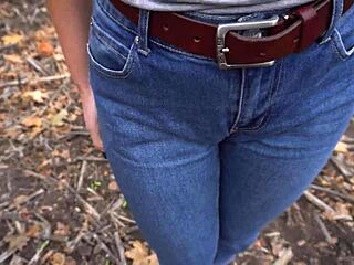 Milf Teasing Big Cameltoe In Tight Blue Jeans Outdoors