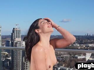 hot milf xris kovtos strips lingerie outdoors for playboy interview 😍🔥