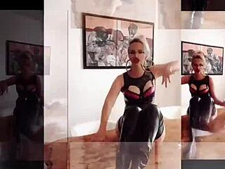 Findom Goaldigger's Latex Bitch Dances in Garter Belt Glasses