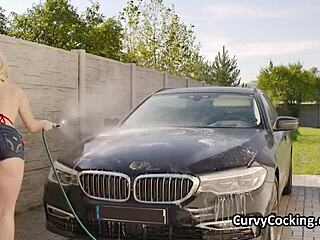 busty blonde bikini teen gets hardcore titty fucked at car wash