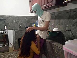 homemade blowjob on throbbing cock in kitchen