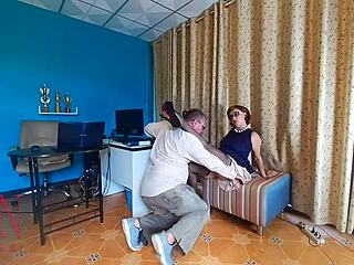 boss femdom humiliates employee with office pussy licking domination