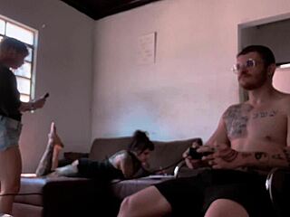 backstage blowjob on carmona while playing video game bareback ass play!