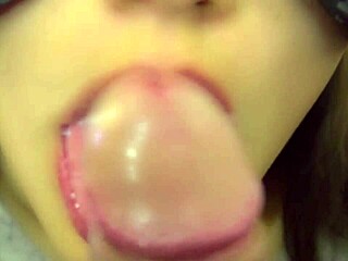 japanese amateur couple's intense close-up blowjob cum mouth