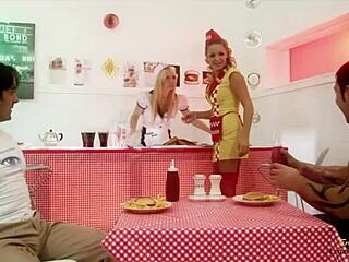 Restaurant Food Fight Sparks Blonde Milf's Hardcore Group Pussy Ride