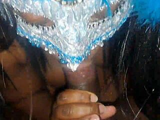 masked ebony deepthroats big cock swallowing hot facial cum