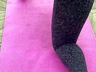 Ebony milf spreads shaved pussy during early morning outdoor workout