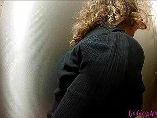 Goddess pisses on dirty feet then fucks dildo in public toilet