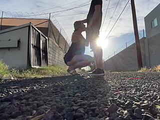 blonde babe moans from public pussy licking before car monster cock orgasm